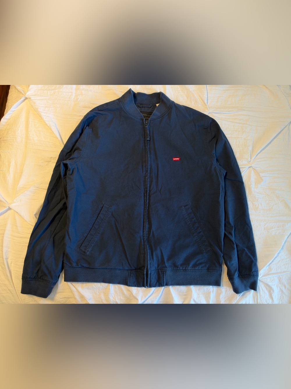 Levi’s Bomber Jacket Men’s M Blue Full Zip Band Collar Logo Short Length